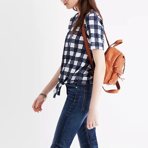 Madewell Blue Plaid Tie Front Buttons Down Blouse Top - Picture 5 of 12